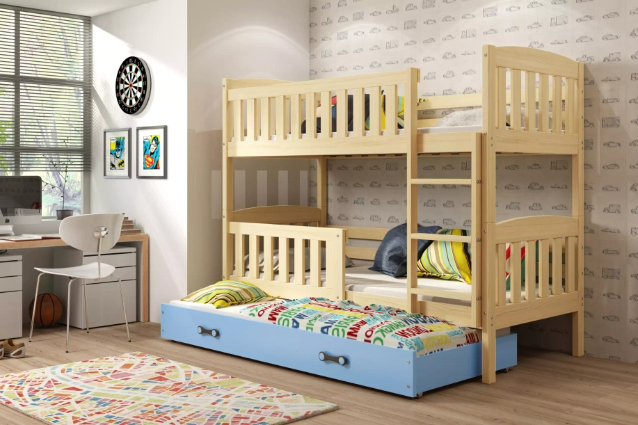 KUBUŚ 90X200 pat de tineret pentru trei persoane cu sertar, pin/albastru