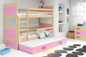 Pat triplu pentru tineri RICO 90X200 cu saltea și sertar, pin/roz