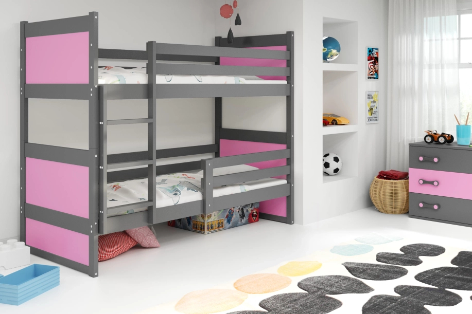Pat supraetajat pentru tineri RICO 90X200 cu saltea, grafit/roz