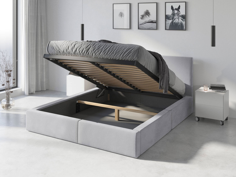 Pat tapițat pentru dormitor HILTON 120X200 cu saltea și cutie de depozitare, gri cenușă
