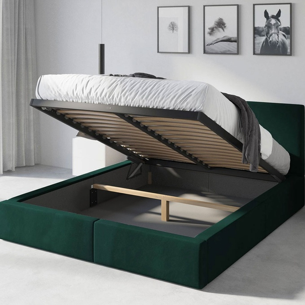 Pat tapițat pentru dormitor HILTON 120X200 cu cutie de depozitare, verde