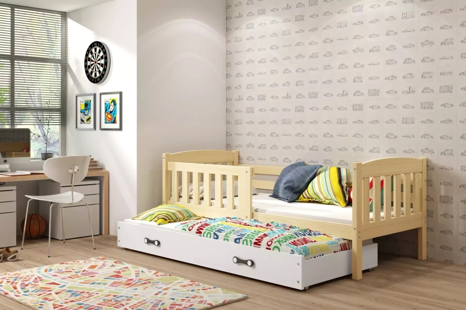 Jacquot 90x190 pat trundle adolescent cu sertar, pin / alb