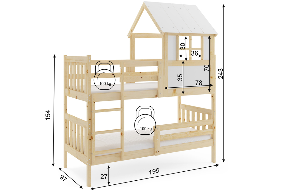 Pat bunkhouse cu baldachin - Kacper din lemn natural 90x190 cu saltea