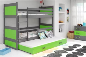 Pat supraetajat pentru adolescenți Rico cu 3 locuri 90x190 cu saltea și sertar, gri/verde