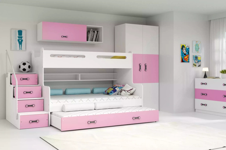 Pat adolescent triplu MAX 3 120X200 cu sertar, roz