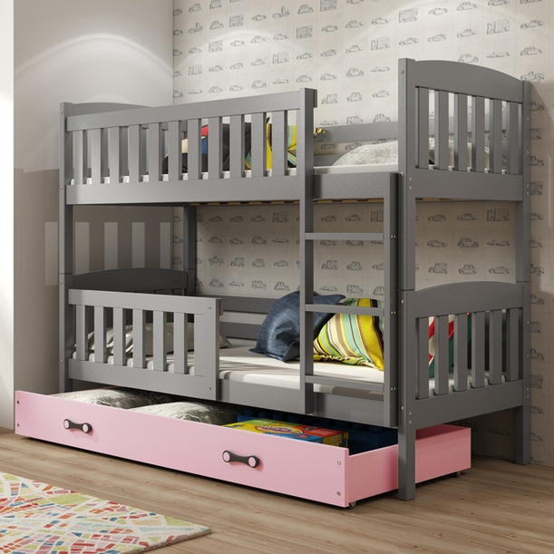 Pat supraetajat KUBUŚ 90X190 cu sertar, grafit/pink