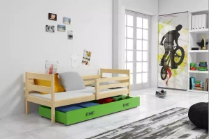 Éric pat single pentru adolescenți 90X190 cu sertar, pin/verde