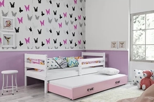 ERYK 80X190 pat extensibil pentru tineri cu saltea și sertar, alb/roz