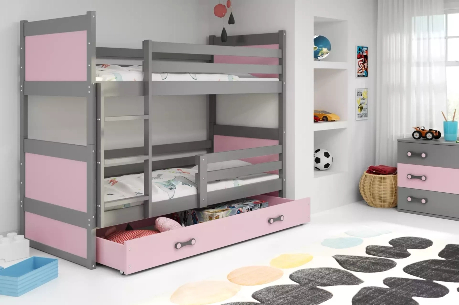 Rico pat supraetajat 90x190 cu sertar, gri/roz