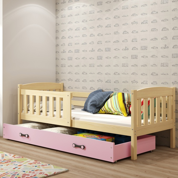 KUBUŚ 80X190 pat single pentru tineri cu saltea și sertar, pin/roz