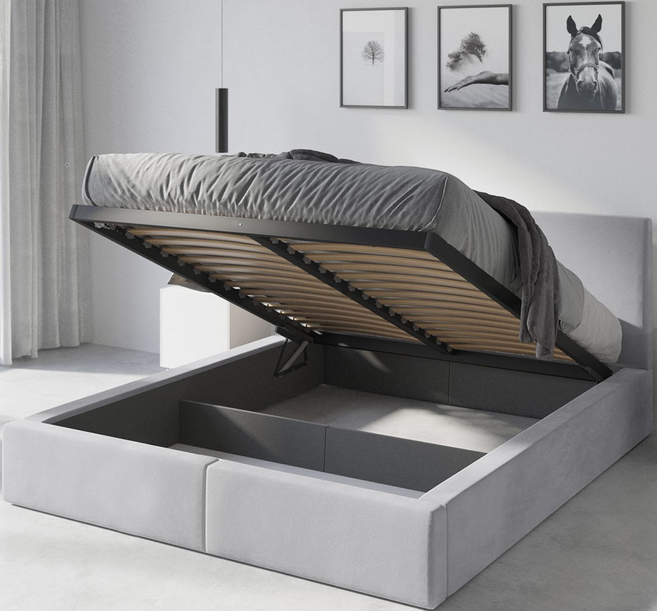 Pat tapițat pentru dormitor HILTON 140X200 cu cutie de depozitare, gri cenușă