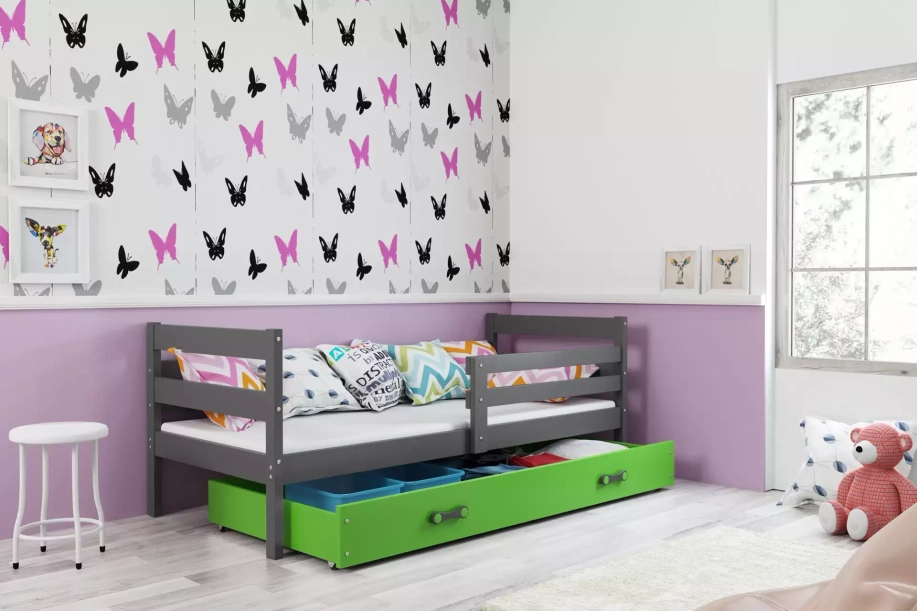 Éric pat single pentru adolescenți 90x190 cu sertar, gri/verde