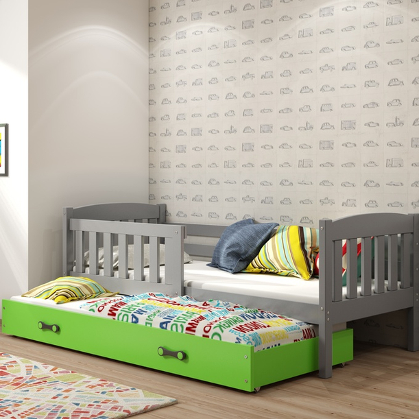 Jacquot 90x190 pat trundle adolescent cu saltea și sertar, gri/verde