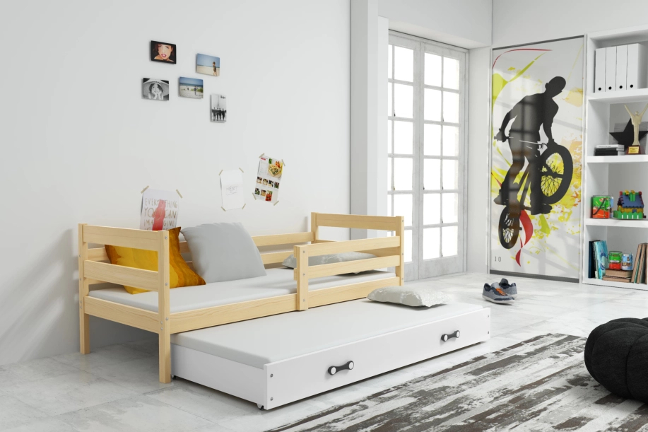 Pat extensibil pentru tineri ERYK 80X190 cu saltea și sertar, pin/alb