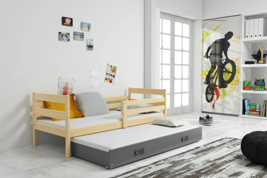 Pat extensibil pentru tineri ERYK 80X190 cu saltea și sertar, pin/grafit