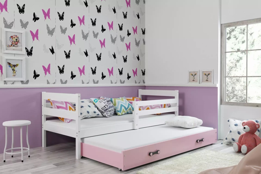 Éric 90x190 pat extensibil pentru adolescenți cu sertar, alb/roz