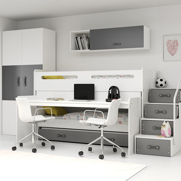 MAX 1 80X200 pat triplu pentru tineri cu birou, grafit