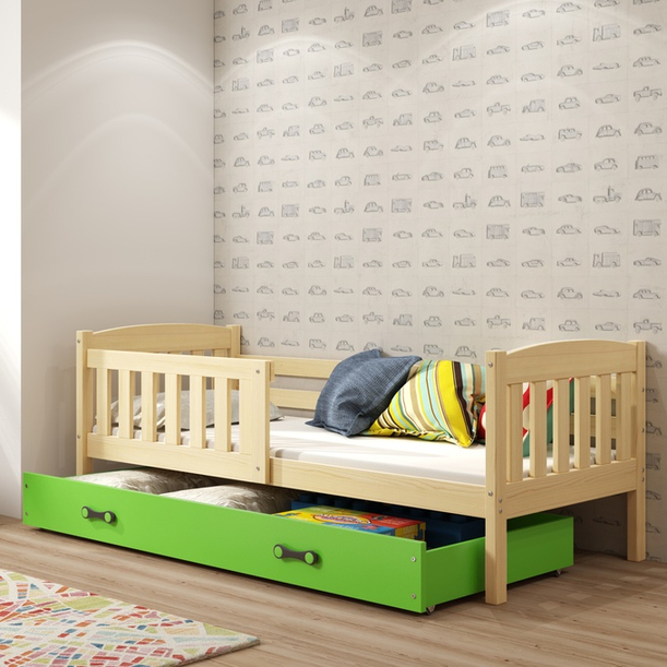 KUBUŚ 80X160 pat single cu sertar, pin/verde