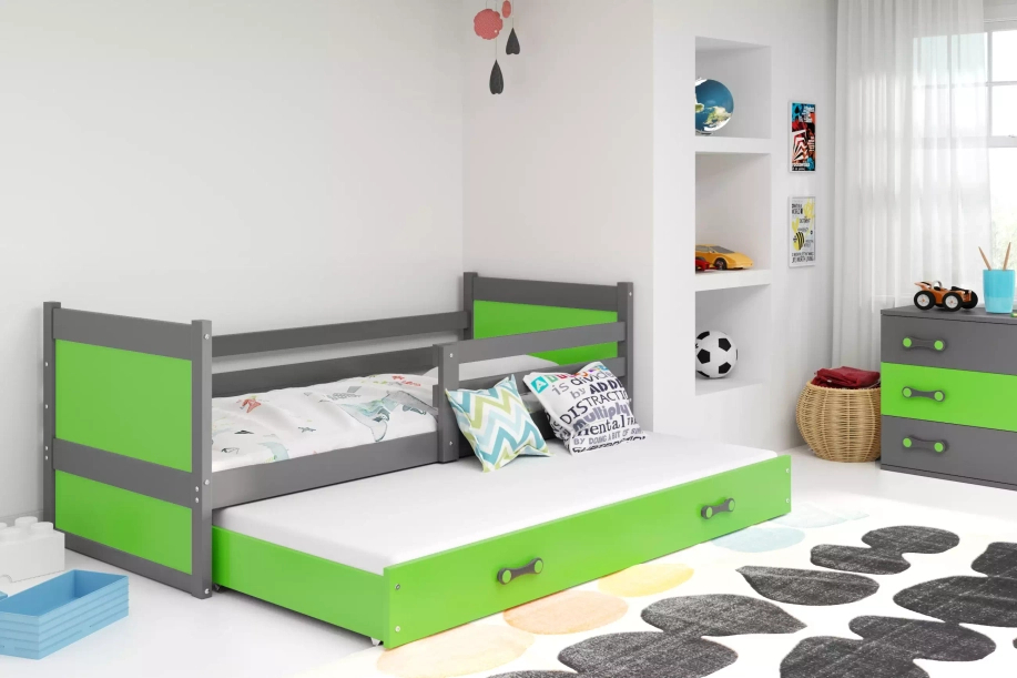 RICO 90X200 pat extensibil pentru tineri cu sertar, grafit/verde