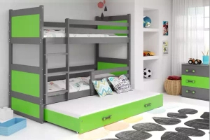 Pat supraetajat pentru adolescenți Rico cu 3 locuri 90x190 cu sertar, gri/verde