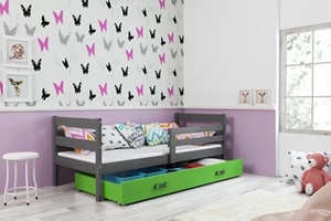 ERYK 80X190 pat single pentru tineri cu saltea și sertar, grafit/verde
