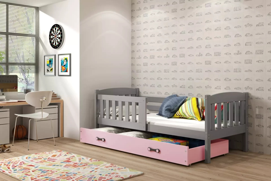 Jacquot 90x190 pat single pentru adolescenți cu saltea și sertar, gri/roz