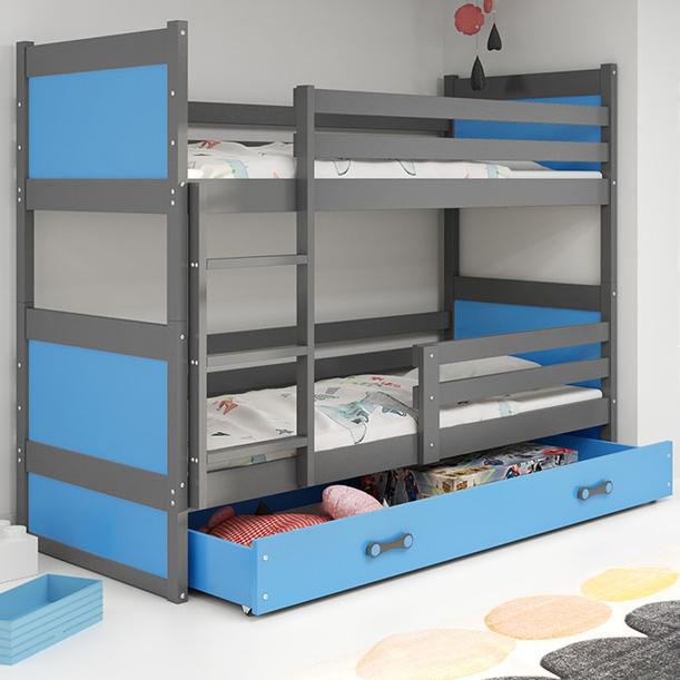 Pat supraetajat pentru tineri RICO 90X200 cu saltea și sertar, grafit/albastru