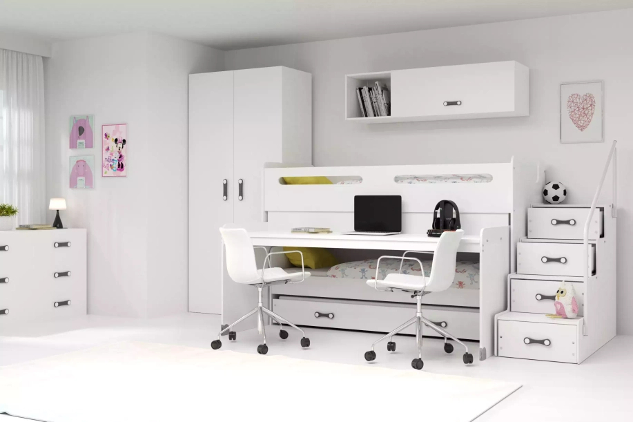 MAX 1 80X200 pat triplu pentru tineri cu birou, alb