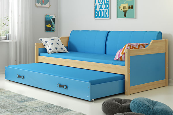 Pat extensibil pentru tineri DAWID 90X200 cu saltea și sertar, pin/albastru