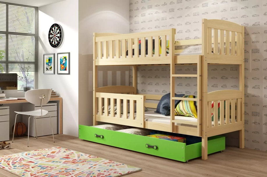 Pat supraetajat pentru adolescenți Jacquot 90x190 cu sertar, pin/verde
