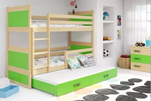 Pat supraetajat pentru adolescenți Rico cu 3 locuri 90x190 cu sertar, pin/verde