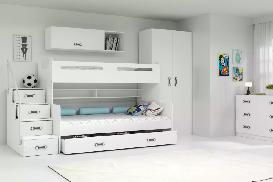 Pat supraetajat pentru tineri MAX 3 120X200 cu sertar, alb