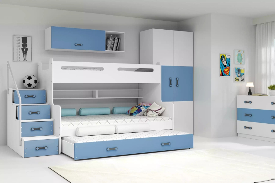 Pat de tineret triplu MAX 3 120X200 cu saltea și sertar, albastru