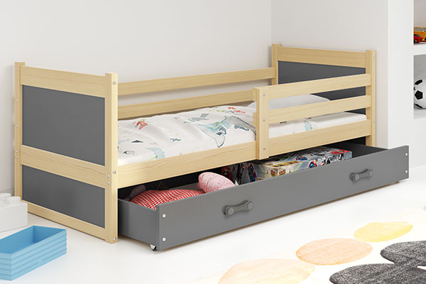 Pat single pentru tineri RICO 90X200 cu saltea și sertar, pin/grafit