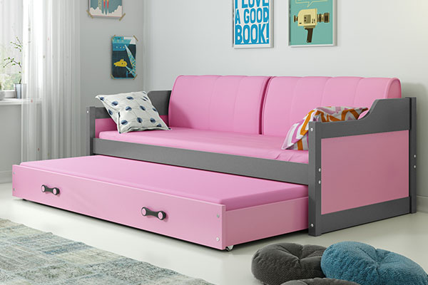 DAWID 90X200 pat extensibil pentru tineri cu saltea și sertar, grafit/roz
