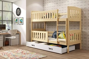 Pat supraetajat junior KUBUŚ 90X200 cu saltea și sertar, pin/alb