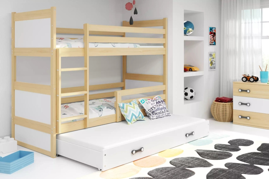 Pat junior pentru trei persoane RICO 90X200 cu saltea și sertar, pin/alb