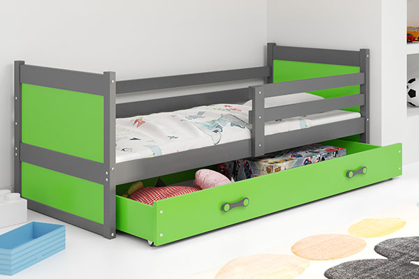 Pat single pentru tineri RICO 90X200 cu saltea și sertar, grafit/verde