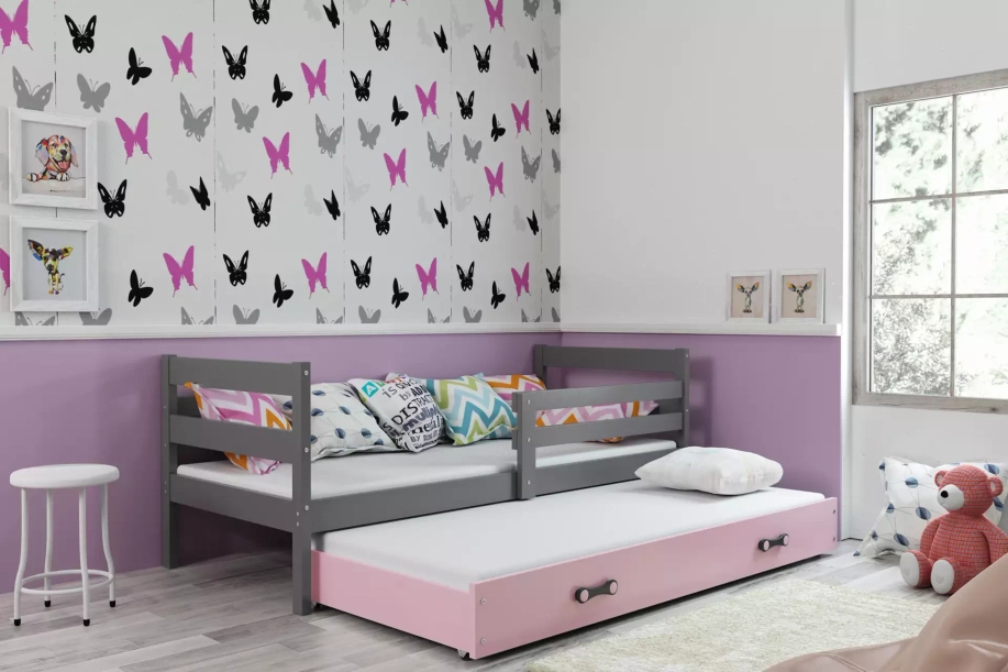 Éric 90x190 pat extensibil pentru adolescenți cu sertar, gri/roz
