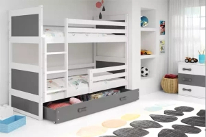 PAT SUPRAETAJAT PENTRU ADOLESCENȚI RICO CADRU ALB PANOURI GRI SERTAR GRI 90 X 190