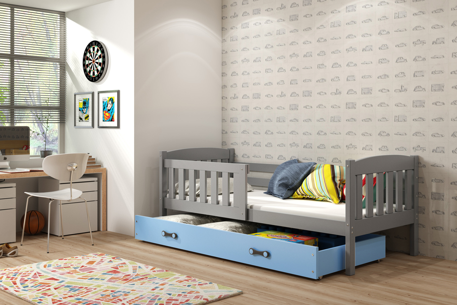 KUBUŚ 90X200 pat single pentru tineri cu saltea și sertar, grafit/albastru