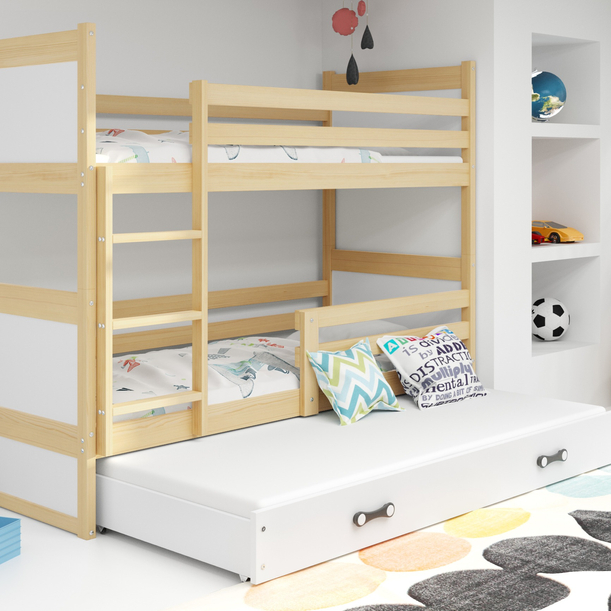 Pat junior pentru trei persoane RICO 90X200 cu saltea și sertar, pin/alb