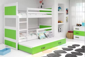 PAT SUPRAETAJAT PENTRU ADOLESCENȚI CU 3 LOCURI RICO CADRU ALB PANOURI VERZI SERTAR VERDE 90 X 190
