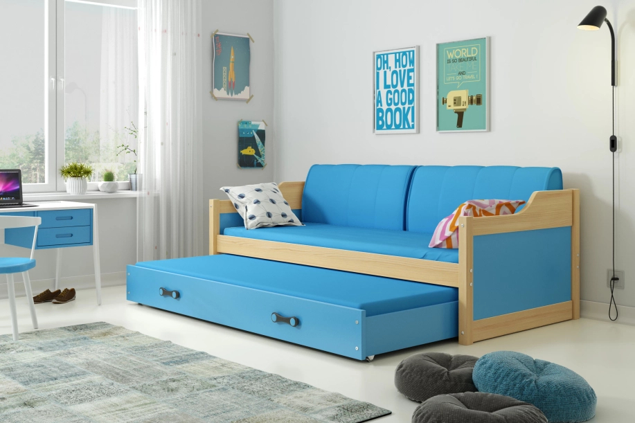 Pat extensibil pentru tineri DAWID 90X200 cu saltea și sertar, pin/albastru