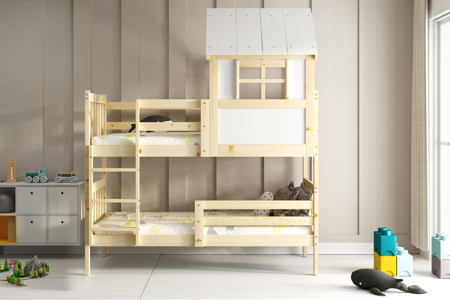 Pat bunkhouse cu baldachin - Kacper din lemn natural 90x190 cu saltea