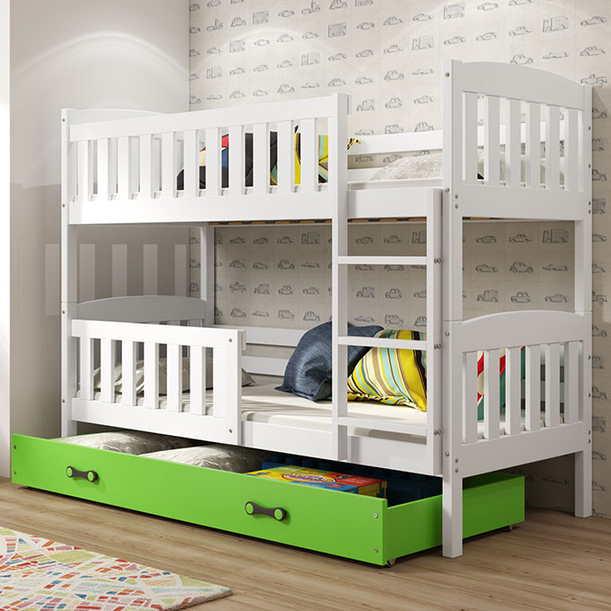 Pat supraetajat junior KUBUŚ 90X200 cu sertar, alb/verde