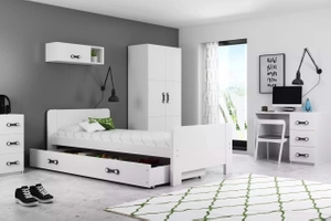 Pat single junior DAREK 80X200 cu saltea și sertar, alb