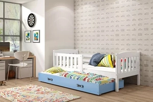 KUBUŚ 90X200 pat extensibil pentru tineri cu saltea și sertar, alb/albastru