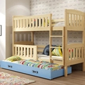 Pat supraetajat pentru adolescenți Jacquot cu 3 locuri 90x190 cu saltea și sertar, pin/albastru
