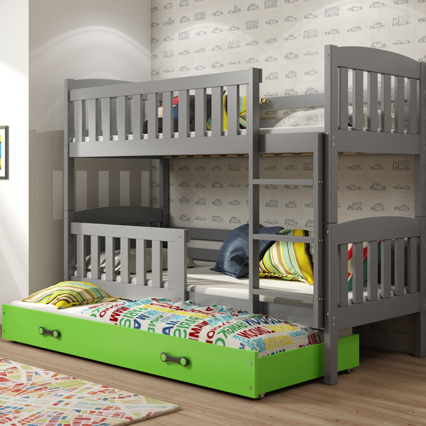 Pat cu baldachin KUBUŚ 90X190 cu sertar, grafit/verde